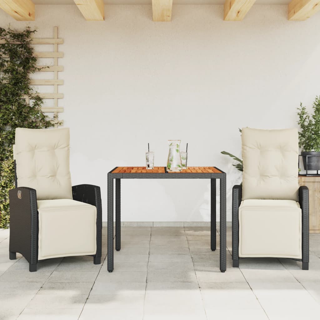 3-tlg. Garten-Essgruppe mit Kissen Schwarz Poly Rattan